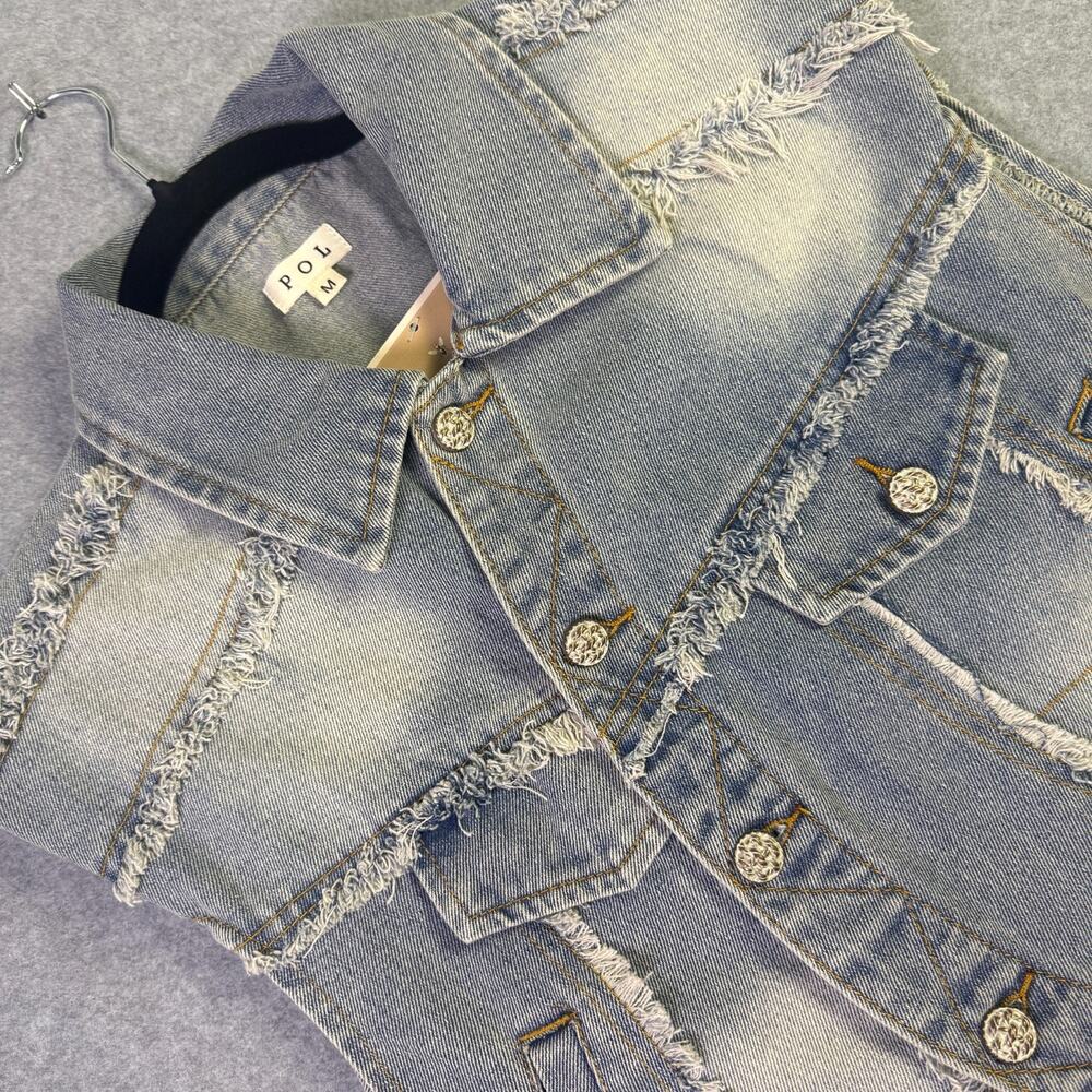 POL Distressed Denim Vest Womens M Blue Cropped Frayed NWT SMJ402 Boho Grunge